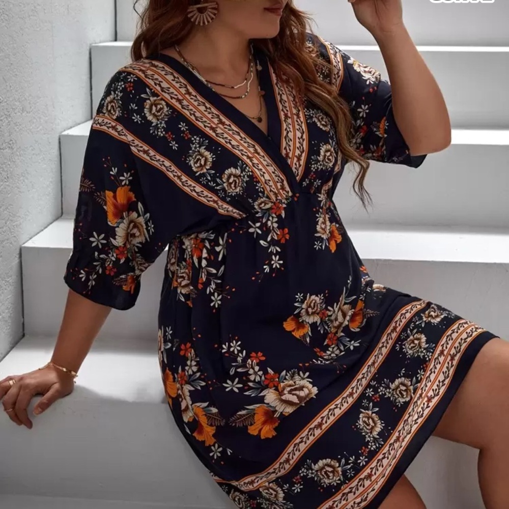 SHEIN Navy and Orange Floral Midi Dress